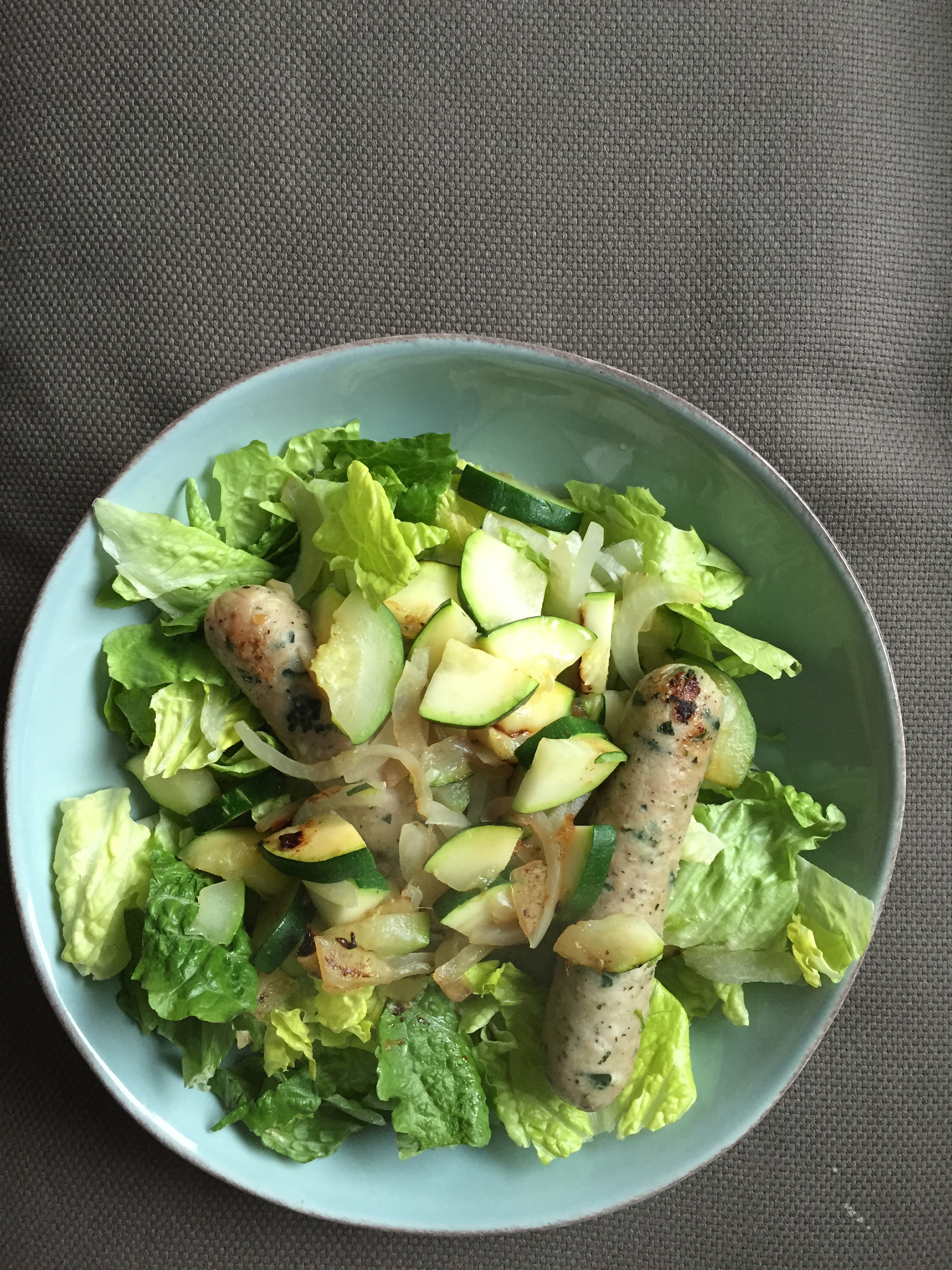 Chicken apple sausage (Whole30 compliant), zucchini, greens