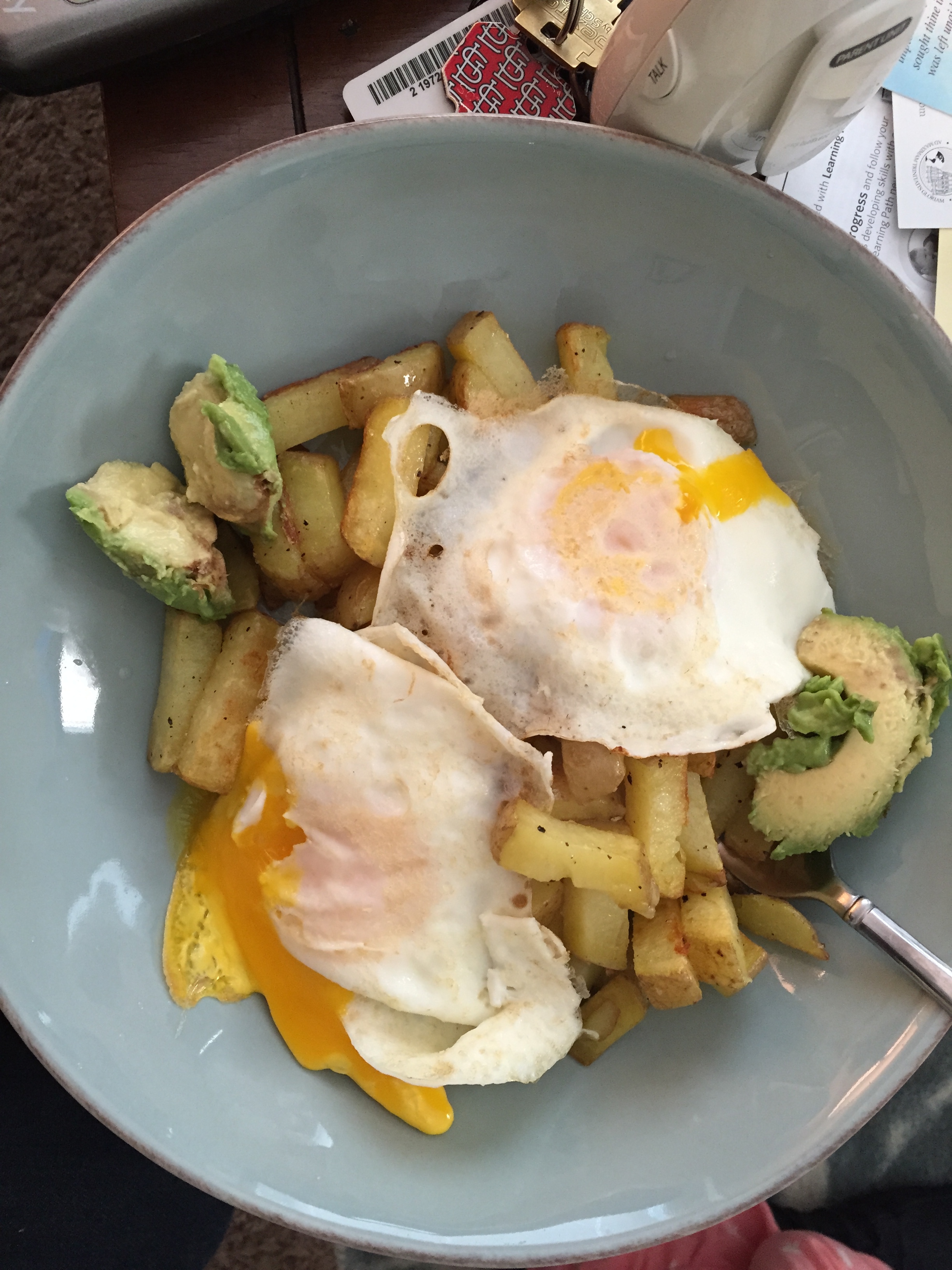 potatoes, fried egg, avocado (Davey's favorite)