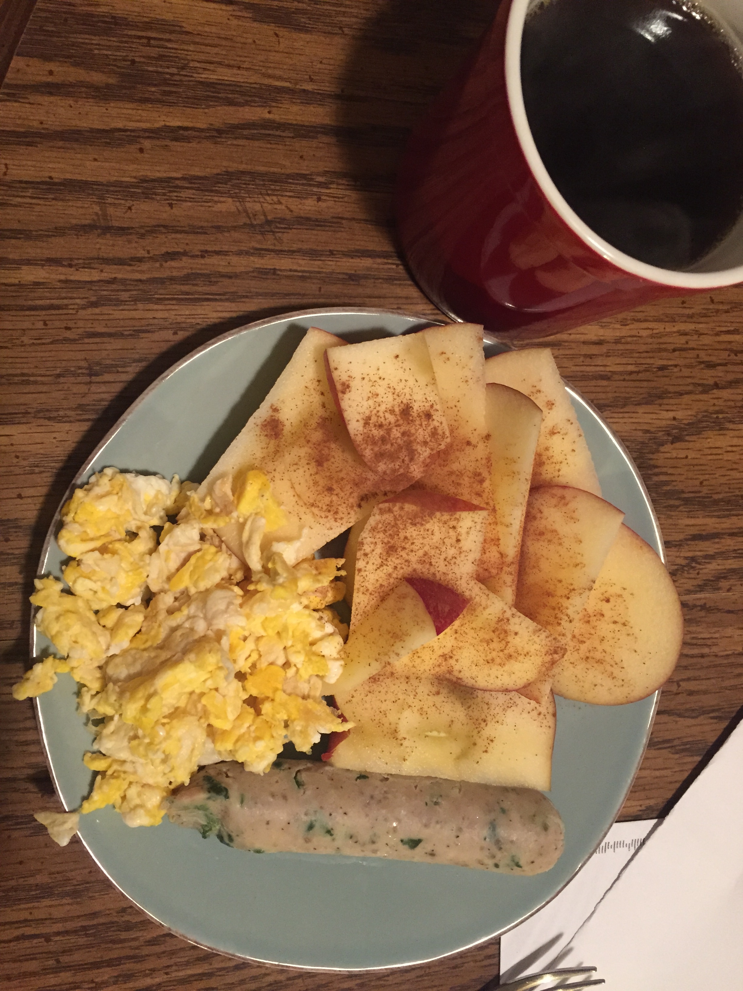 my typical breakfast : cinnamon apples, eggs, sausage